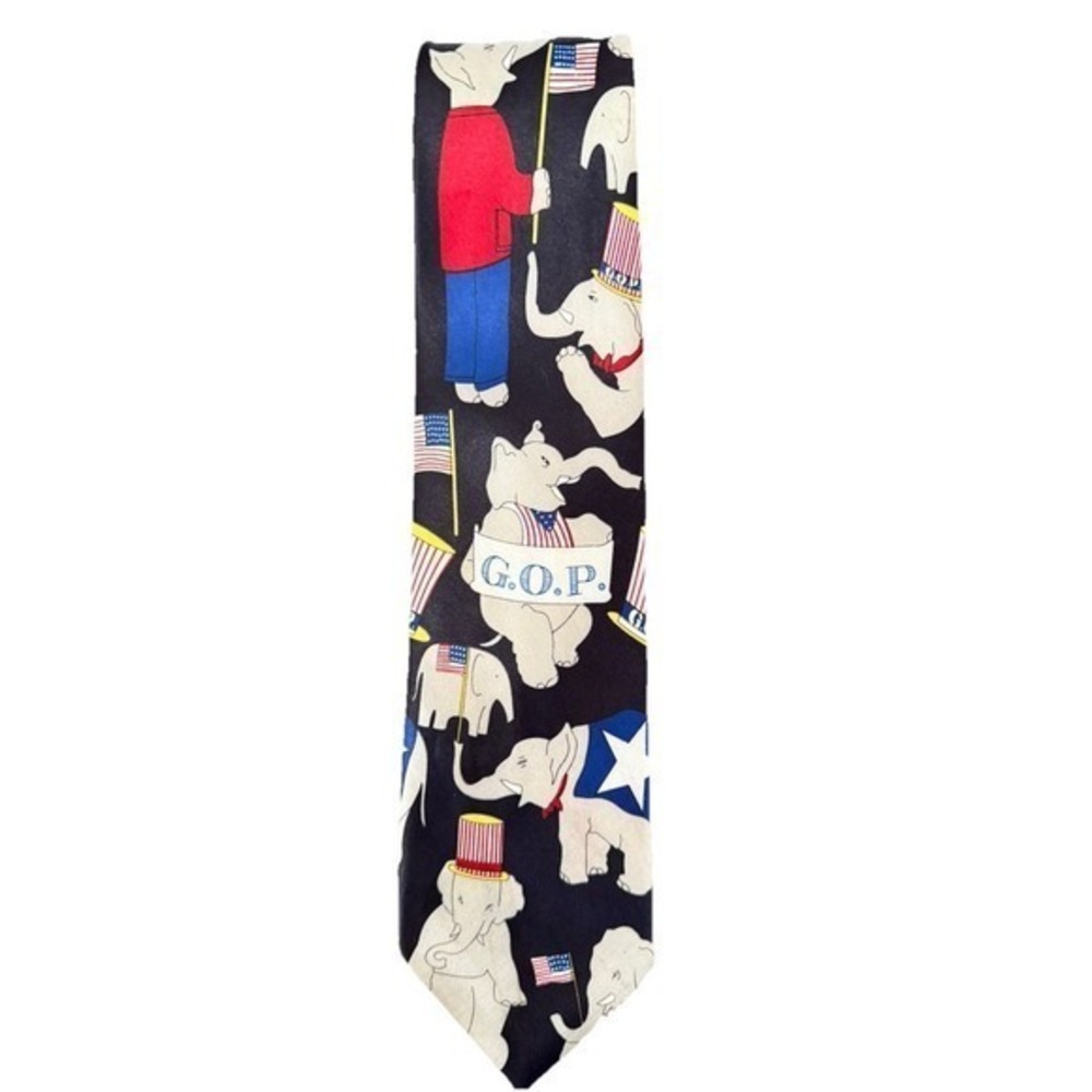 Roberto Cellini Mens GOP Republican Elephant Silk Necktie Black Patriotic Flag